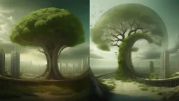 the last tree on earth, portal to a space near the tree on the left, on the right city of the future year 4222, very realistic,