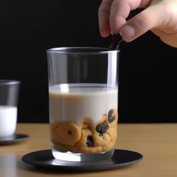 Pour milk into a clear glass cup. Inside the cup is a whole cookie.