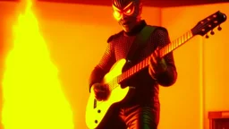 4K. REALISTIC FULL DETAILS. UN TERMINATOR DEBOUT AVEC UNE GUITARE EN MAINS FIRESTARTER; flammes en fond