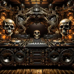 DJ of the damnded, insanely detailed DJ booth in hell, MID set, speakers and equipment made of bone, anatomically correct, add more skulls in th audience, photorealism, vray, 8k 3d