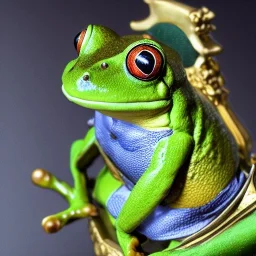 Portrait of a frog in a fantasy world sitting on a throne upright while wearing a suit of armor.