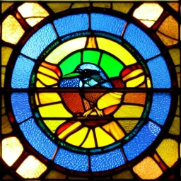 round coaster of kingfisher with stained glass window effect, highly detailed, intricate, warm colors, stained glass window, glossy from rain, warm lighting, dramatic lightin