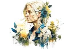 white background, cyberpunk, watercolor, Woman 48 years old, blonde, portrait painting, acrylic, summer sunset, plant hair, flower clothes, double exposure, fine rendering, high detail, high resolution, 8K