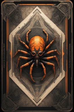 sacred geometry framed playing card, black and orange spider gremlin with shadows boss card in the style of Giger and fallout 4 ,,bokeh like f/0.8, tilt-shift lens 8k, high detail, smooth render, down-light, unreal engine