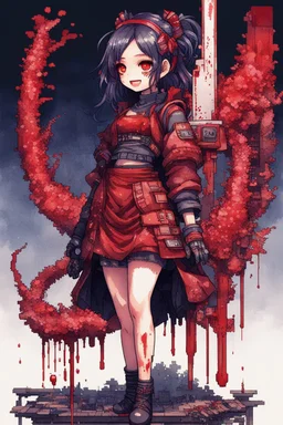 anormal, smile, blood, girl cute, full body, beautiful cyberpunk petit girl, hyperdetailed, behind made 8bits and Pixel Art, watercolor illustration by <Katsushika Hokusai>, darkred tones,