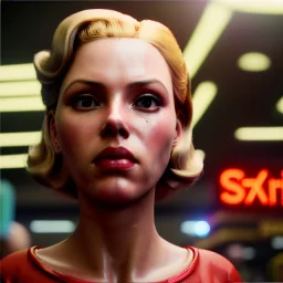 Ultra Realistic retro sci-fi afire Supermarket parking scene, 1960 year, blonde woman, sweet scarlet Johansson face, perfect iris, glow eyes, face makeup, tight latex coat; many panic people looking, Retro sci-fi style, soft color, highly detailed, unreal engine 5, ray tracing, RTX, lumen lighting, ultra detail, volumetric lighting, 3d, finely drawn, high definition, high resolution.