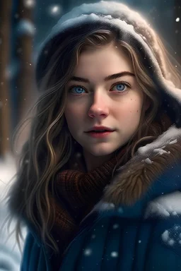 Detective, a stunningly beautiful girl A beautiful 17-year-old woman, with a snowstorm descending, with realistic details of her face, body, and hair in 8k quality the girl standing in the middle of a winter wonderland, her eyes shining with a sense of adventure and strength, her hair styled in loose waves that flutter in the icy wind, the snowflakes softly landing on her skin, the details of her face, body, and hair captured in breathtaking 8k quality, allowing every curve and feature of her to