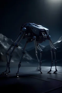 I want an image of a eight legged mechanical walker scaling the side of mout everest at night, it has a smooth surface, it has storage pods on its belly human can fit in the pods