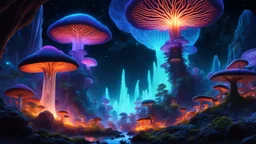 "Interconnected space islands, glowing mycelium web, cosmic energy, bioluminescent mushroom forests, crystal caves, starry background. Vibrant, detailed. Style of Avatar, 8k."