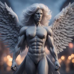 jo biden grey angel with muscles and big wig, Guiding souls through twilight, where the shadows flee In this realm of aftermath, phantoms softly tread Following the will-o-wisp, where the lost are led ,bokeh like f/0.8, tilt-shift lens 8k, high detail, smooth render, down-light, unreal engine