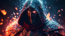 hooded marble knight covered with glowing crystals, demon hoard merge from hell, fire particles in air, bright colors, glowing sparkle particles, dark tone, sharp focus, high contrast, 8k, incredible depth, depth of field, dramatic lighting, beautifully intricate details, clean environment, epic dynamic scene
