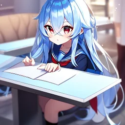 Clear focus, High resolution, long fluffy light blue hair, hair between eyes, long locks, wearing a sailor uniform, wearing a sailor skirt, long black socks, 1girl, cartoon, cute, UNFOTABLE studio, red tie