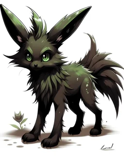 Eevee together with a Poison type Eeveelution that has inky black fur, eerie green eyes, a long and slender tail with a series of sharp, stinger-like spines at the end, dark green poison markings on its body, and pointed ears edged with a faint, purplish hue, symbolizing its poison-typing.