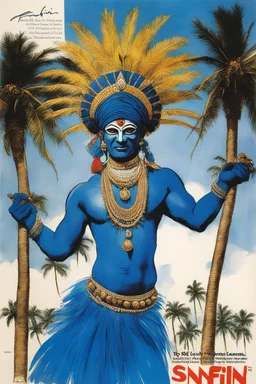 SNFIIN'GLUE mag cover by Ralph Steadman for a special issue on temple with palm trees (1978), guest star: Indian six arms Kerala kathakali male dancer for for Aardschok(nl) and MetalHamme, fancy headdress blue clothing and jewelry