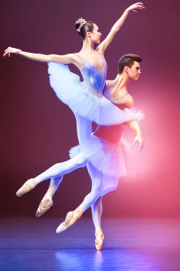 very beautiful a ballet male and female dancers couple in very pretty clothing dancing ,hyper realistic ,disco lightes,very luxury dance stage ,with nice light sources and devices in stage, close up