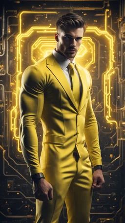 Hyper Realistic handsome muscular Electric-Superhero wearing fancy yellow tuxedo in a dark-rustic-circuit-room with electric-sparks & a massive circuit-board-wall