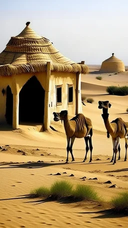 camels on desert, mud house