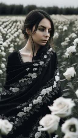 black lace scarf in a field of white roses.cinematic picture