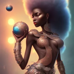 sango fantasy, fantasy magic, intricate, sharp focus, illustration, highly detailed, digital painting, concept art, matte, masterpiece head sexy view black African beauty black afro hair space lady turquoise carp skin African space landslide