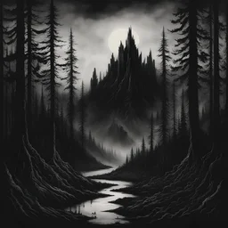 A black metal-styled album cover of gorgeous and dark nature scenery, menacing forest