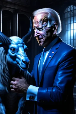 biden holding a goat in the style of giger, spraypaint, photorealism, trending on artstation, 8k, depth of field, downlight, lightrays, volumetric, white hall, brown and blue