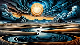Abstract Landscape in surreal iced desert. The scene features circles and ovals, all enhanced by overlapping shadows and reflections, adding depth and dimension. The sky is dramatic, filled with swirling dark clouds and lightning, creating an intense atmosphere. The color palette consists of rich, deep hues, shdows and lights, watercolor and dark ink techniques brings a cinematic and dreamlike, stunning