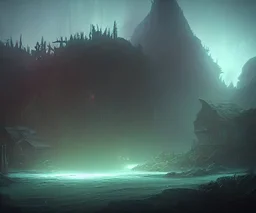 dynamic lighting, Intricately detailed, Splash screen art, deep color, Unreal Engine, volumetric lighting, dark fantasy artwork, dark swamp artwork, fantasy swamp artwork, cottage, night, fog,