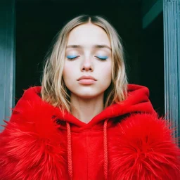 Lily rosedepp,avec un long pull a capuche en angora rouge jusquaux, polaroid, elle a les yeux fermés et les joues bleues