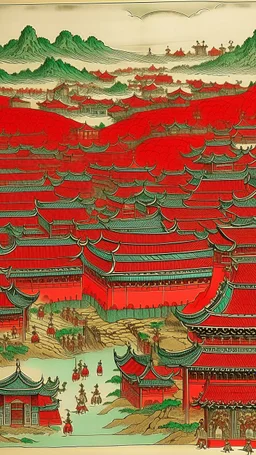 A red village with a fortress designed in Mehndi design painted by Utagawa Hiroshige