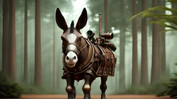 High-end state-of-the-art STEAMPUNK aesthetics flawless, Donkey with strong determined attitude, forest background, close-up shot, realistic, hard light chiaroscuro, realistic,Highest quality telescopic Zeiss Zoom lens, supreme cinematic-quality photography,walnut wood green armour rugged, Art Nouveau-visuals,Vintage style Octane Render 3D technology,hyperrealism photography,(UHD) high-quality cinematic character render,Insanely detailed close-ups capturing beautiful complexity,8k