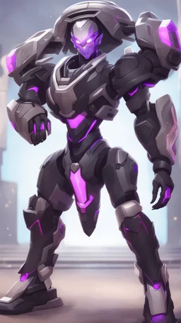 A close picture to Ramattra nemesis form in overwatch art style with black color and neon purple details