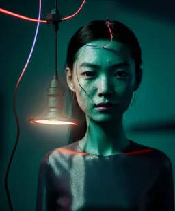 Ultra realistic photographic night portrait, cinematic, <Asian woman> <hanging wires> <retro monitor> many wires coming out of the head <perfect pupil> <cyborg arm> <garage> <wide angle Shot> <sci-fi futuristic> <thriller>, neon lights, color fog, soft color, highly detailed, unreal engine 5, ray tracing, RTX, lumen lighting, ultra detail, volumetric lighting, high definition.