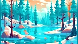 cartoon illustration: beautiful magic frozen lake with pines and magic creatures