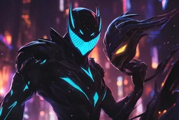 kindred venom in 8k solo leveling shadow artstyle, machine them, mask, close picture, rain, neon lights, intricate details, highly detailed, high details, detailed portrait, masterpiece,ultra detailed, ultra quality