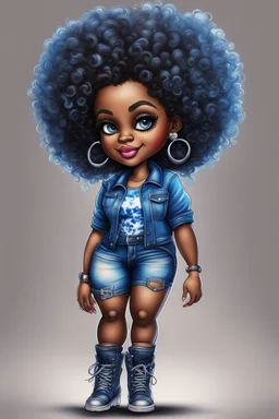 create an airbrush illustration of a chibi cartoon voluptuous black female wearing a blue jean outfit with a tie dye tshirt with biker boots. Prominent make up with hazel eyes. Extremely highly detail of a tight curly black and shiny afro. Background of a bike show