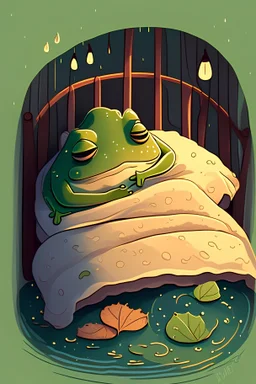 Жаба засыпает в уютное кровати, в стиле иллюстрации
