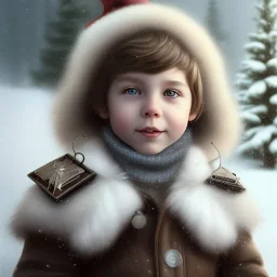 Portrait of boy child with brown hair and with cute face, north pole snowy vibe , perfect composition, hyperrealistic, super detailed, 8k, high quality, trending art, trending on artstation, sharp focus, studio photo, intricate details, highly detailed, by greg rutkowski