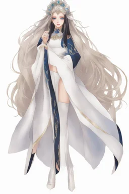 Moon queen long white hair, black robes, blue eyes