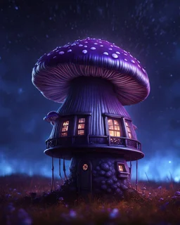 A solitary floating mushroom house on a clear night. silver and purple and blue, Dark cosmic interstellar. Detailed Matte Painting, deep color, fantastical, intricate detail, splash screen, hyperdetailed, insane depth, concept art, 8k resolution, trending on Artstation, Unreal Engine 5, color depth, backlit, splash art, dramatic, High Quality Whimsical Fun Imaginative Bubbly, perfect composition