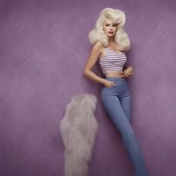 Jayne mansfield, Hippie girl, purple fur, jeans, striped wallpaper, whimsical