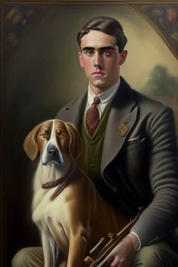 Make me a oil portrait of a very rich person that is 27 Years old from 1920 with a dog and an old rifle