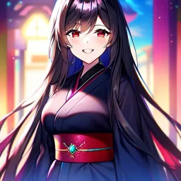 Clear focus, 8k, high quality, detailed, beautiful lighting, vibrant colors, black long hair, vibrant red eyes, girl, obi, laughing