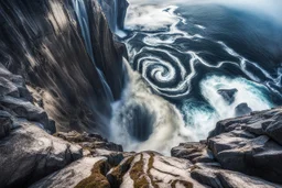 at the base of the rocky mountain peninsula, a great whirlpool waterfalls into deeper unknown depths