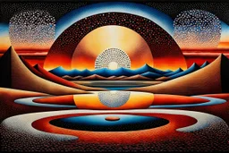 Pointillism surreal abstract landscape, standing and floating geometric shapes, circles, ovale and squares with overlapping shadows, and reflections in iced-desert scene, deep colours, surreal sky, lightning, impasto style with black-red ink, masterpiece