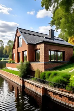 a storey house next to a lake made from bricks and sloped roof, terrace in front