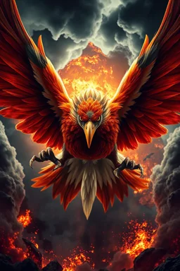 Create a ultra high definition and photorealistic image, 12k quality of a beautiful phoenix, majestic and strength showing, emphasis on texturized claws, upclose with a front view flying towards the camera, centre of an explosive and chaotic background scene of Armageddon where he is followed by demon like dark clouds in persuit trying to grab him, phoenix has striking eyes and determined look, majestic wings folded inwards in flight, bright auburn, black, white, grey and yellow colours, gothic