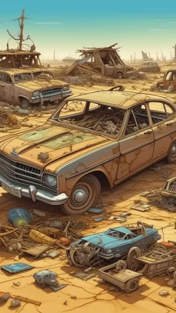 Fatal Order in a junk art style. Make me a picture of an old car The car is surrounded with junks in the desert