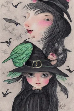 Friendly witch, playing with crows, perfect eyes, pastel colour, style Elisabeth Kreitz