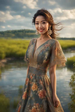 ((full shot body)) photo of the most beautiful artwork in the world featuring model, smiling, , High Detail, Sharp focus, dramatic, photorealistic, ultra sharp, ultra hd, hyper realistic, ultra realistic, ((((dress)))), trending on artstation, sharp focus, studio photo, intricate details, highly detailed, standing in nice pose in country side with river ,water fall ,rocky vally