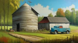 Image is a painting depicting a rustic rural scene. The layout features a central focus on a weathered wooden barn with a sloped roof, accompanied by a cylindrical silo to its left. A white van is parked beside the barn, adding a modern touch to the otherwise pastoral setting. To the left, a small blue house with a green and red roof is visible, partially obscured by trees. The foreground is a dirt path leading towards the structures, bordered by autumnal foliage in shades of orange and brown.